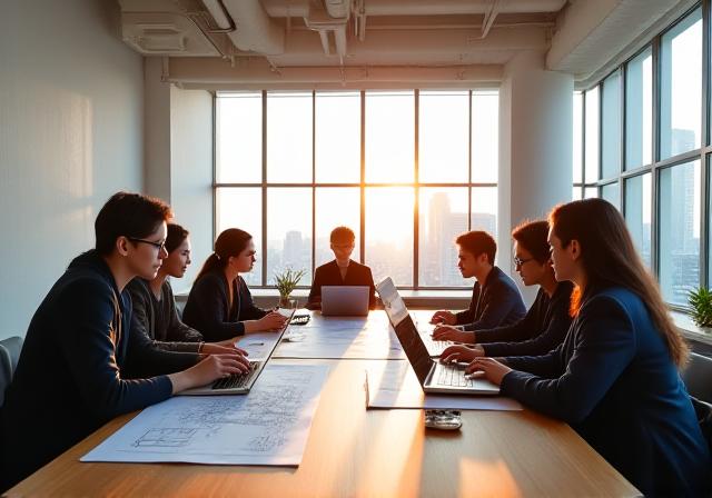 Bauwerk Studioのミッションを象徴する、人とテクノロジーが調和したモダンなオフィスの風景